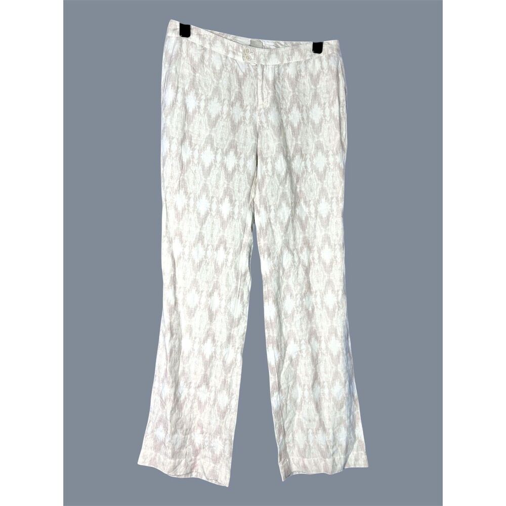 Ecru Womens Neutral Linen Pants Sz 8 Geometric Euro Summer Resort Wide Leg‎ Ikat